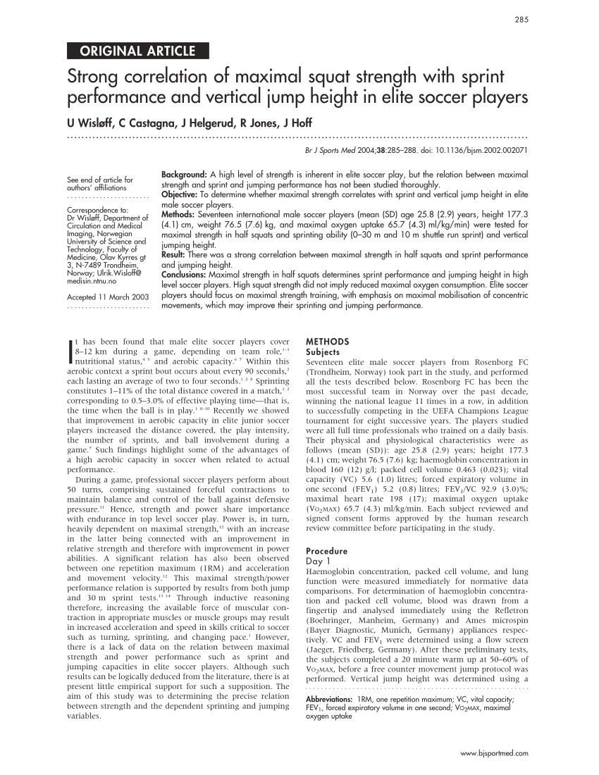Pdf Strong Correlation Of Maximal Squat Strength With Sprint Performance And Vertical Jump Height In Elite Soccer Players