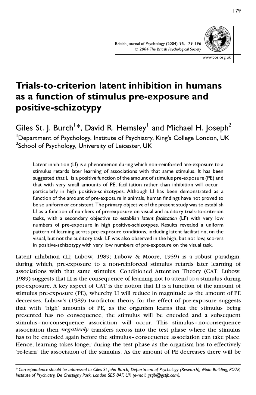 Pdf Trials To Criterion Latent Inhibition In Humans As A Function Of Stimulus Pre Exposure And Positive Schizotypy