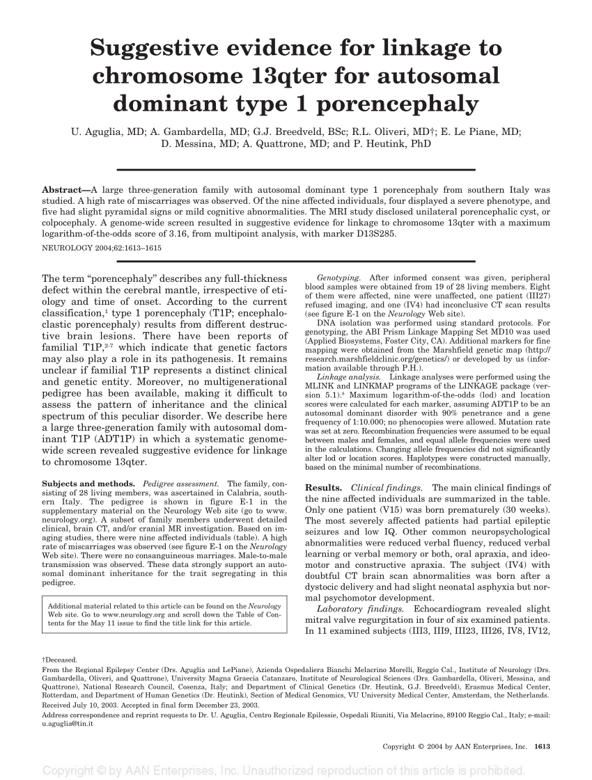 Pdf Suggestive Evidence For Linkage To Chromosome 13qter For Autosomal Dominant Type 1 9482
