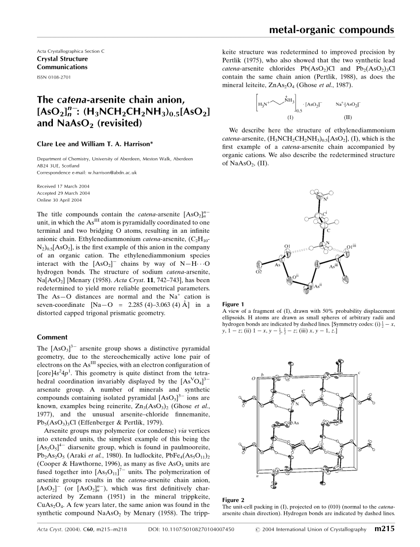 Pdf The Catena Arsenite Chain Anion Aso2 N N H3nch2ch2nh3 0 5 Aso2 And Naaso2 Revisited