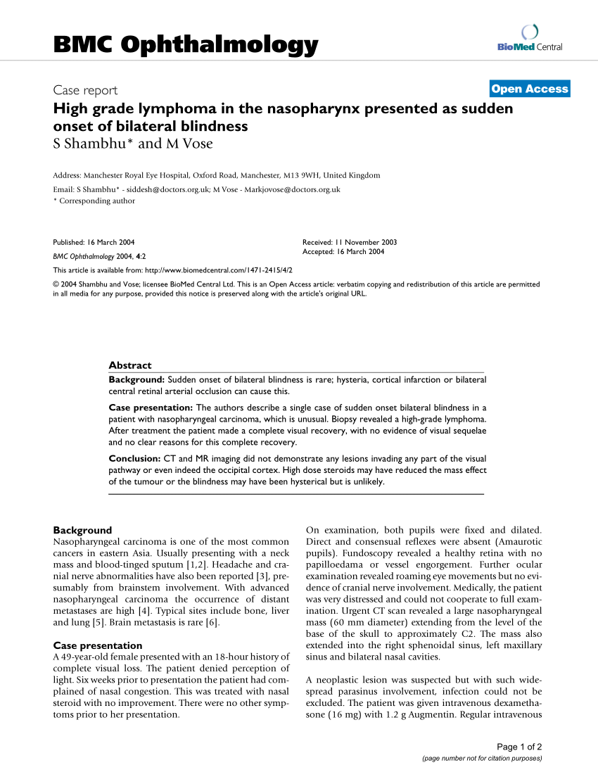 Pdf High Grade Lymphoma In The Nasopharynx Presented As Sudden Onset Of Bilateral Blindness