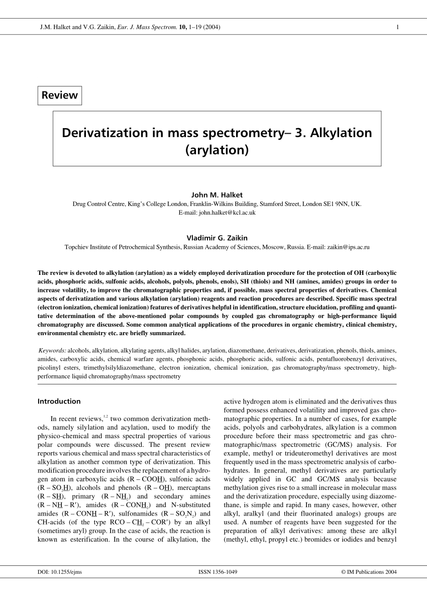 Pdf Derivatization In Mass Spectrometry 3 Alkylation Arylation