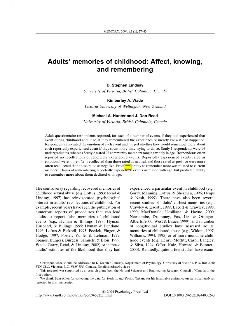 Pdf Adults Memories Of Childhood Affect Knowing And Remembering