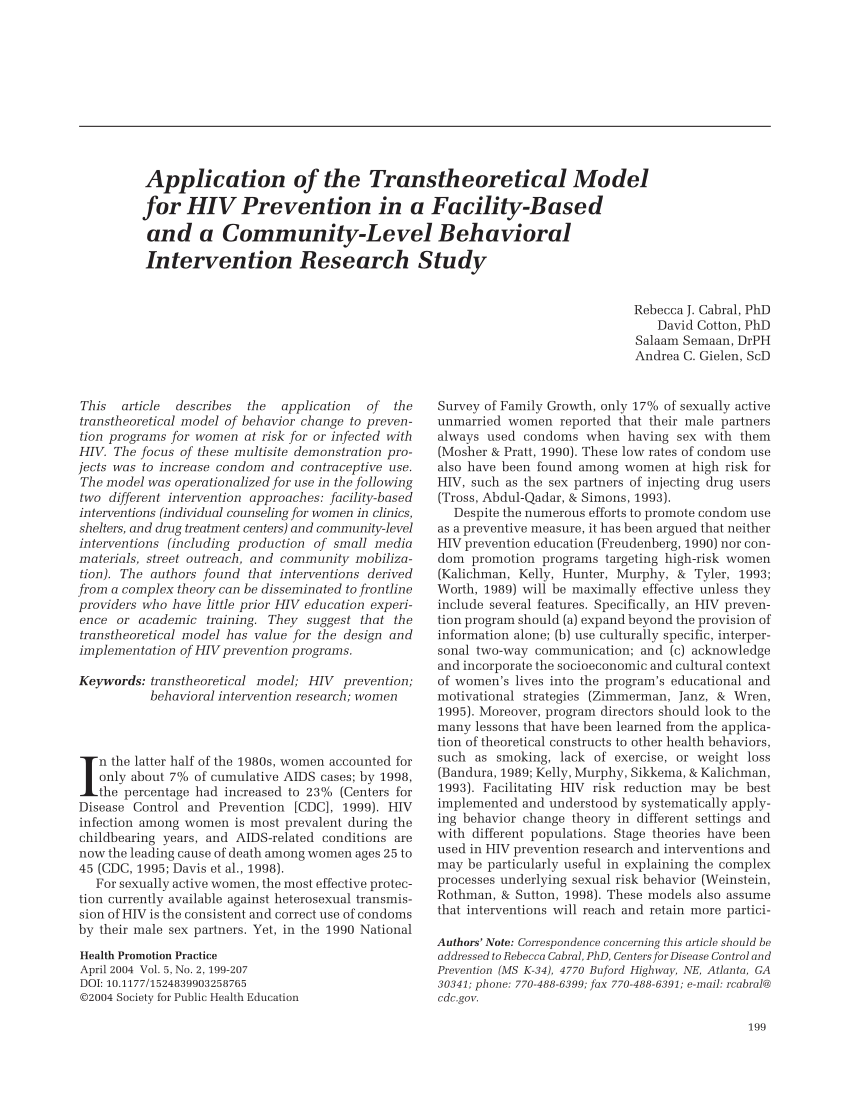 PDF) Application of the Transtheoretical Model for HIV Prevention in a Facility-Based and a Community-Level Behavioral Intervention Research Study image
