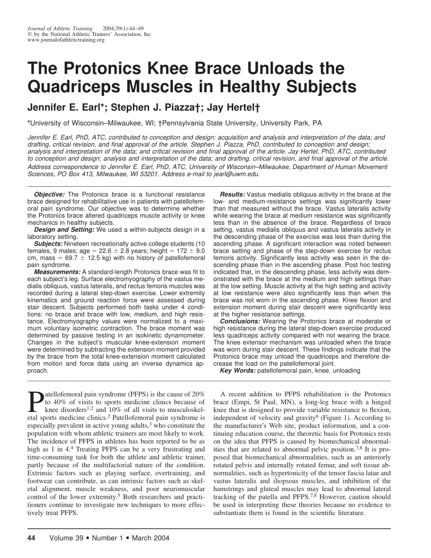 PDF) The Protonics Knee Brace Unloads the Quadriceps Muscles in