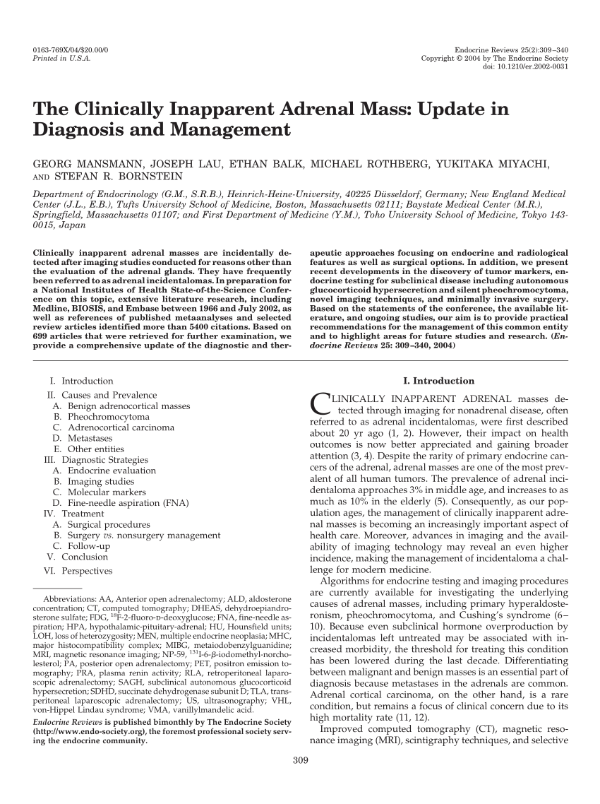 Pdf The Clinically Inapparent Adrenal Mass Update In Diagnosis And Management