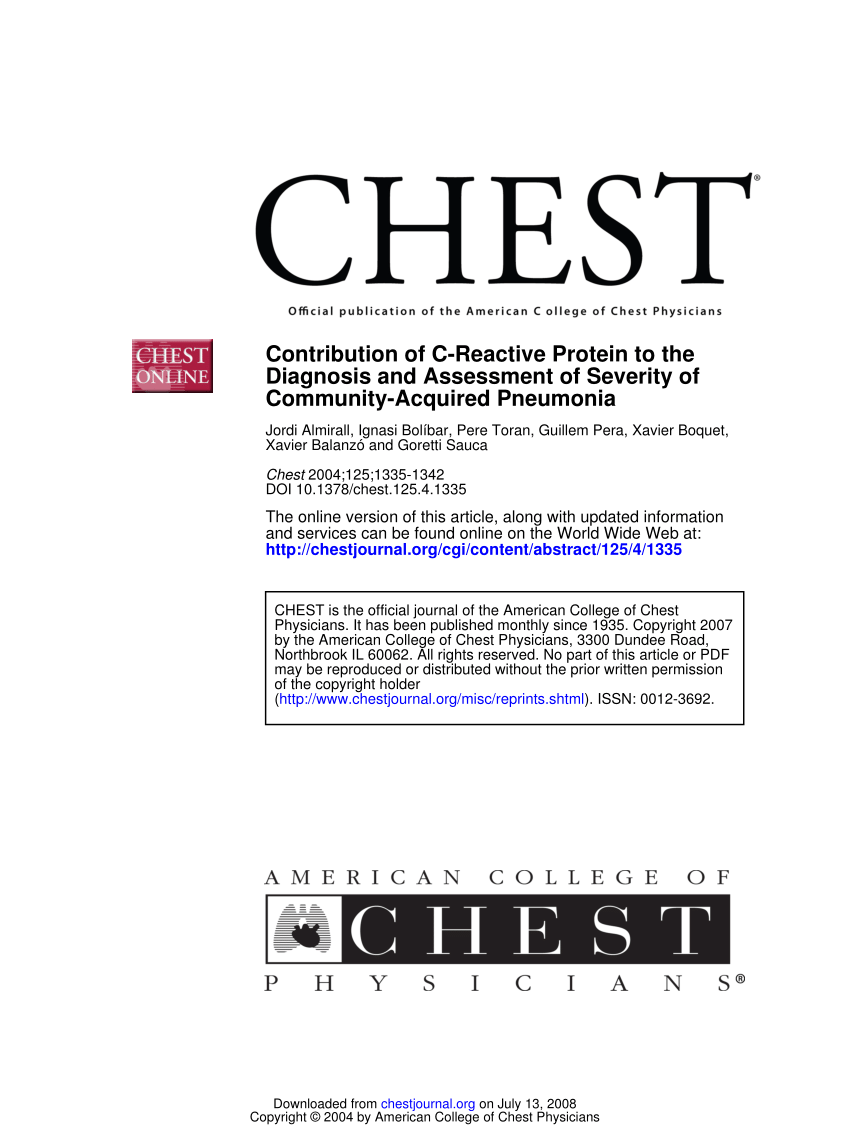 Pdf Contribution Of C Reactive Protein To The Diagnosis And Assessment Of Severity Of Community Acquired Pneumonia