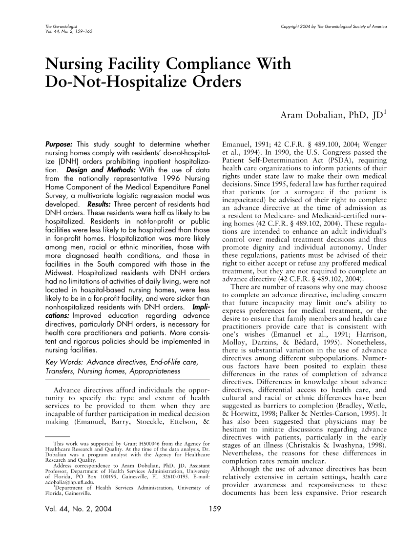 (PDF) Nursing Facility Compliance With Do-Not-Hospitalize Orders