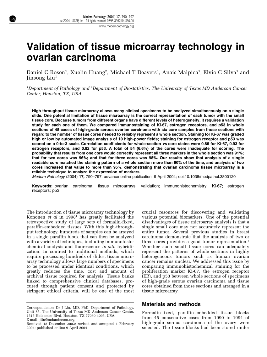 Pdf Validation Of Tissue Microarray Technology In Ovarian Cancer