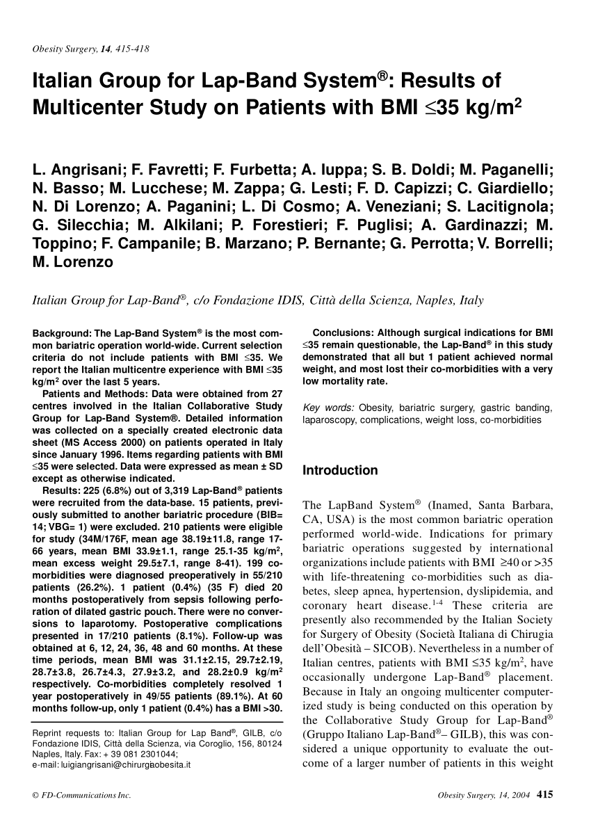 Pdf Italian Group For Lap Band System Results Of Multicenter Study On Patients With Bmi 35 Kg M2