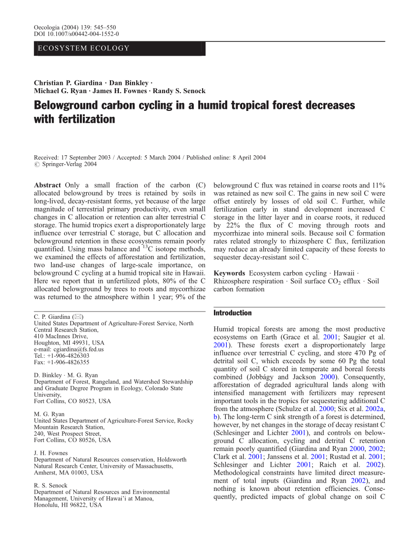 Pdf Belowground Carbon Cycling In A Humid Tropical Forest Decreases With Fertilization