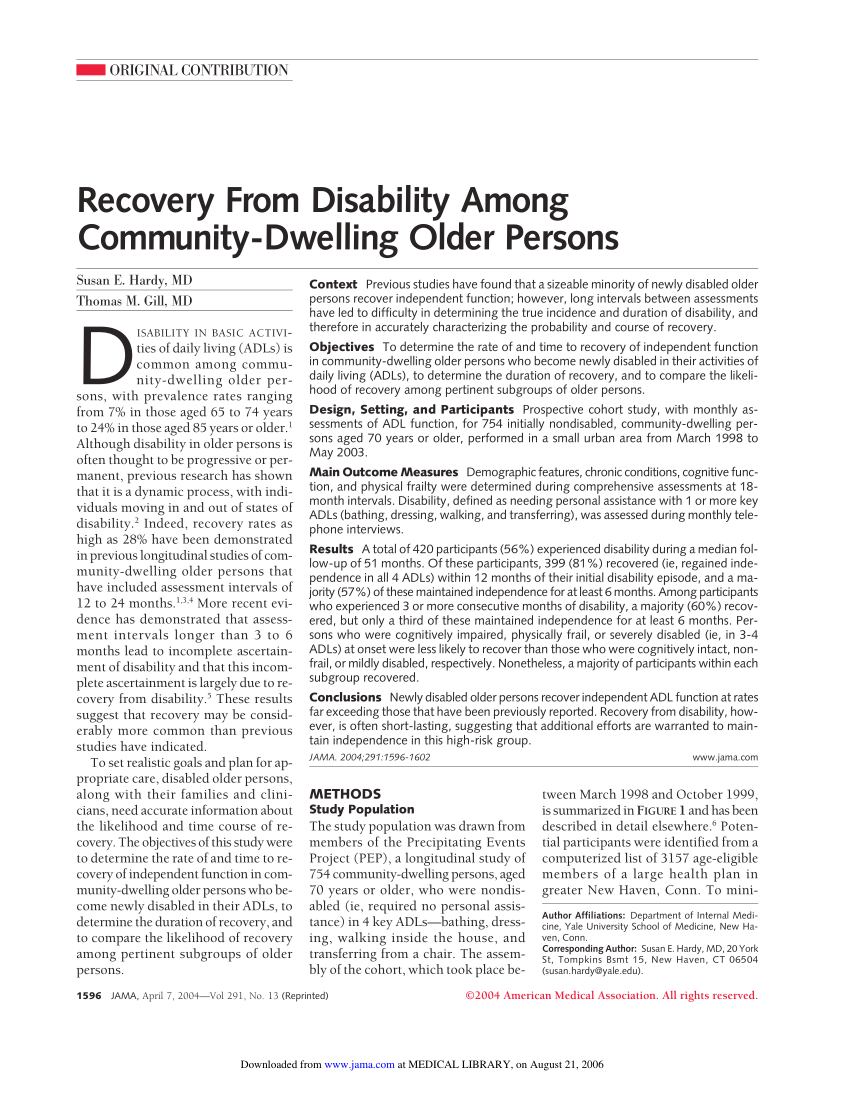 Pdf Recovery From Disability Among Community Dwelling Older Persons