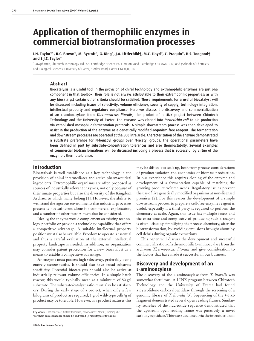 Pdf Application Of Thermophilic Enzymes In Commercial Biotransformation Processes