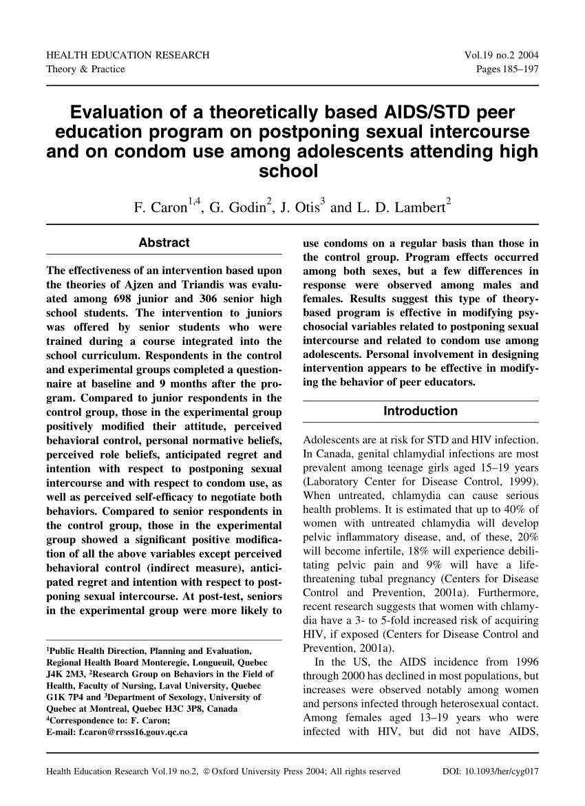 PDF) Evaluation of a Theoretically Based AIDS/STD Peer Education Program on Postponing Sexual Intercourse and on Condom Use Among Adolescents Attending High School