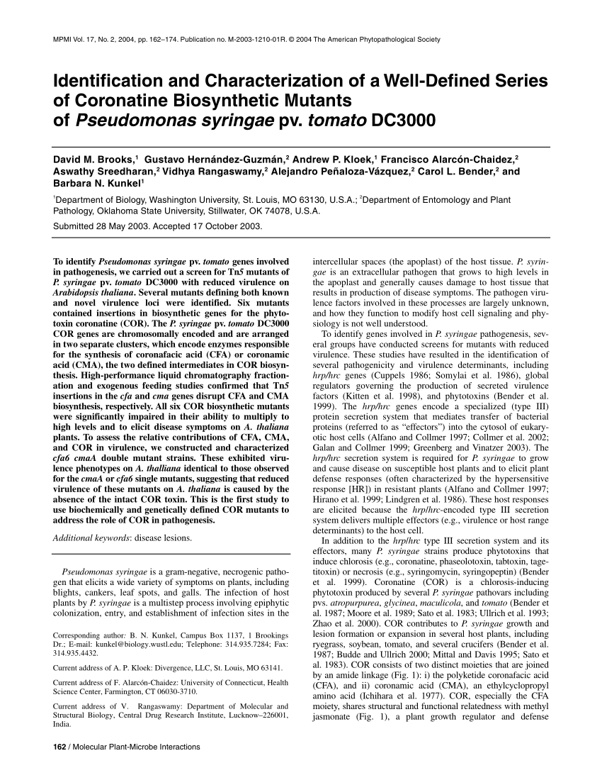 Pdf Identification And Characterization Of A Well Defined Series Of Coronatine Biosynthetic Mutants Of Pseudomonas Syringae Pv Tomato Dc3000