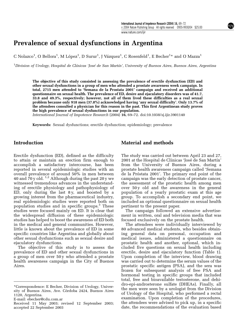 PDF Prevalence of sexual dysfunctions in Argentina