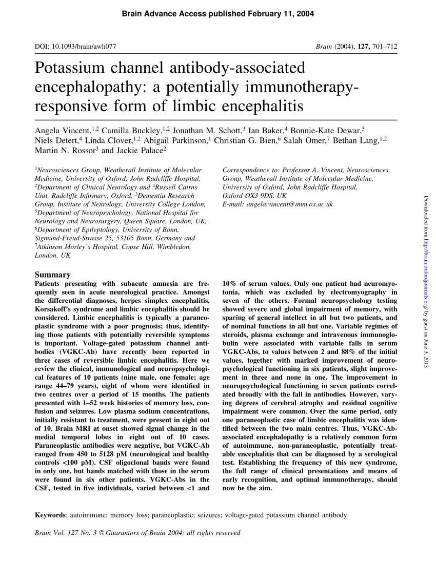 Pdf Potassium Channel Antibody Associated Encephalopathy A Potentially Immunotherapy Responsive Form Of Limbic Encephalitis