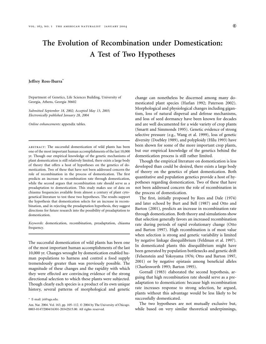 Pdf The Evolution Of Recombination Under Domestication A Test Of Two Hypotheses 1305