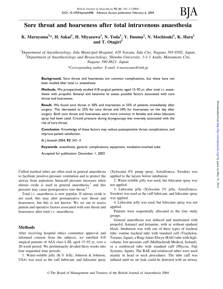 (PDF) Sore throat and hoarseness after total intravenous anesthesia