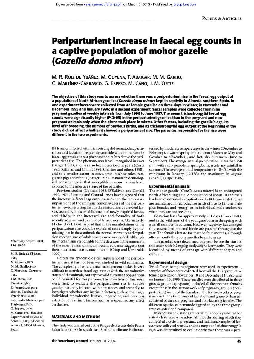 Durven Lijm matras PDF) Periparturient increase in faecal egg counts in a captive population  of mohor gazelle (Gazella dama mhorr)