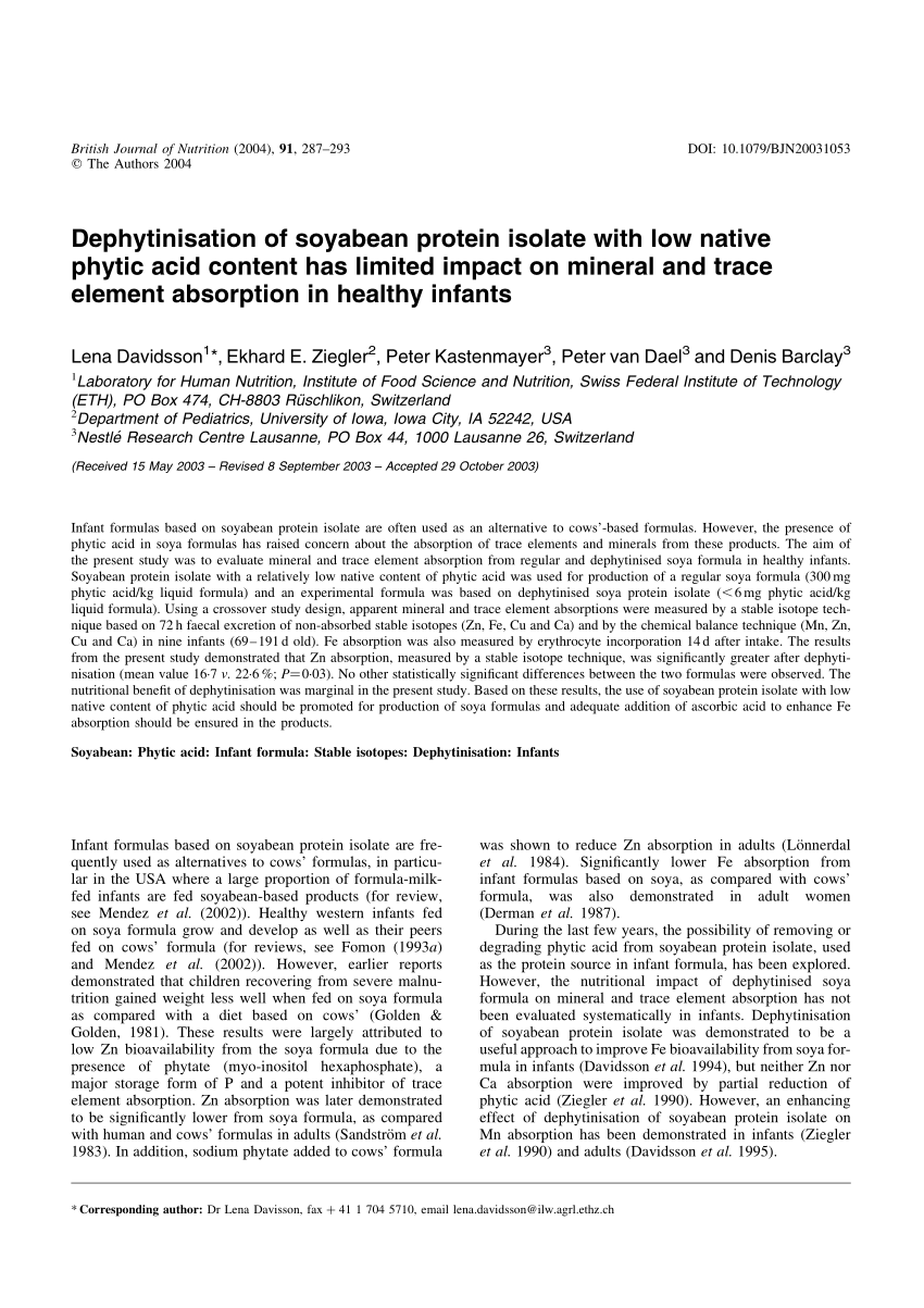 Pdf Dephytinisation Of Soyabean Protein Isolate With Low Native Phytic Acid Content Has Limited Impact On Mineral And Trace Element Absorption In Healthy Infants