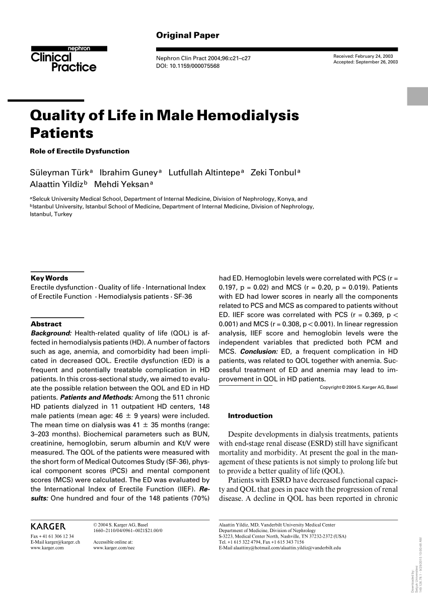 PDF Quality of Life in Male Hemodialysis Patients