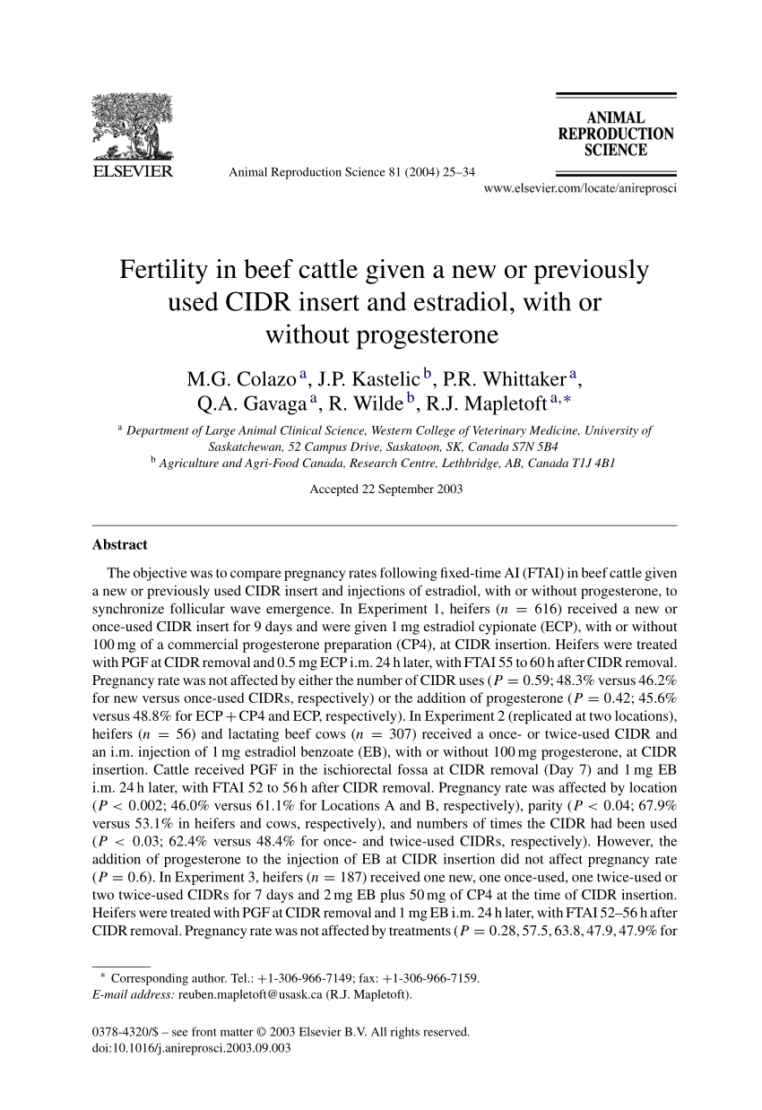 Pdf Fertility In Beef Cattle Given A New Or Previously Used Cidr Insert And Estradiol With Or Without Progesterone