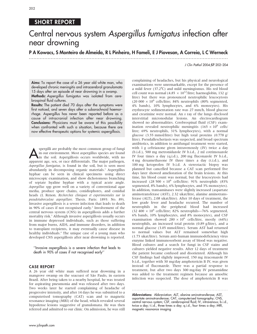 Pdf Central Nervous System Aspergillus Fumigatus Infection After Near Drowning