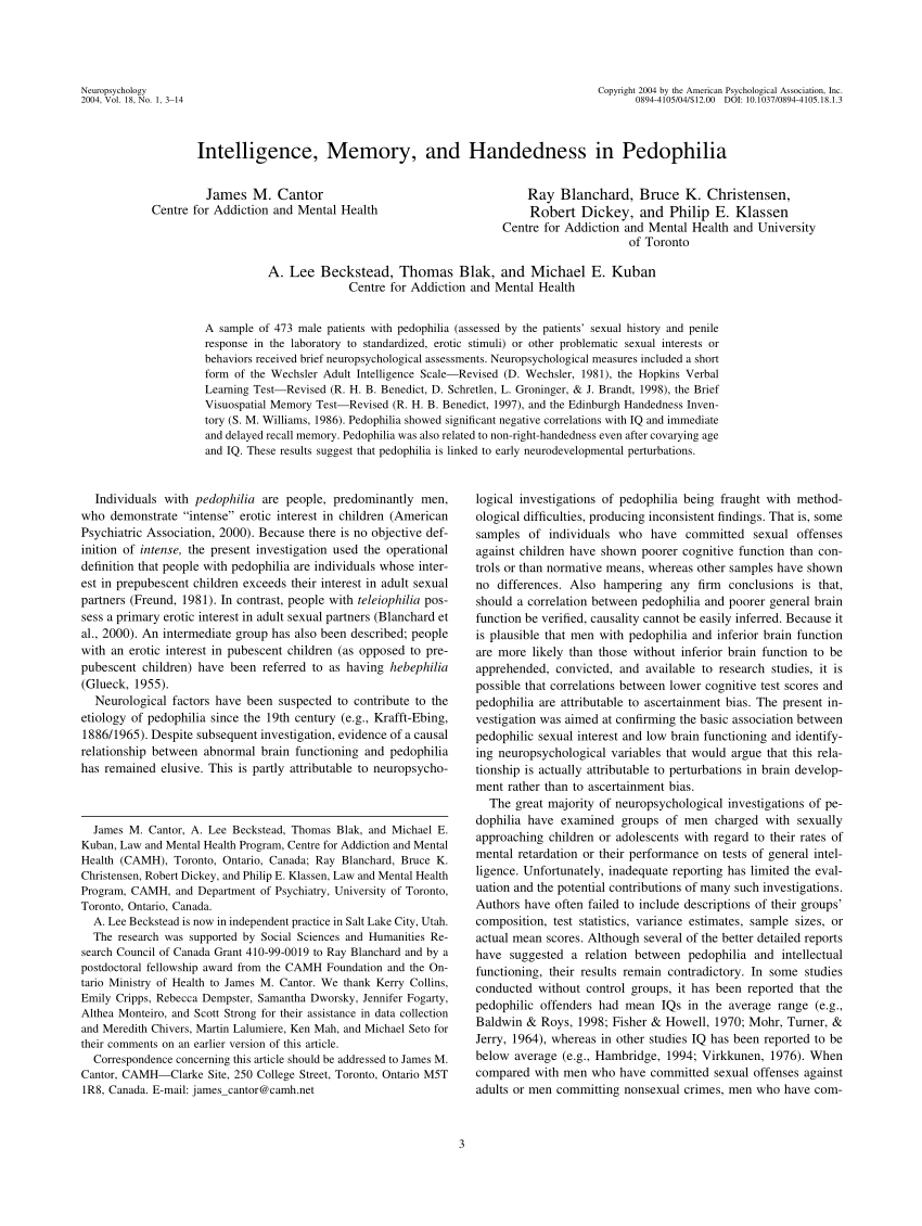 PDF) Intelligence, Memory, and Handedness in Pedophilia