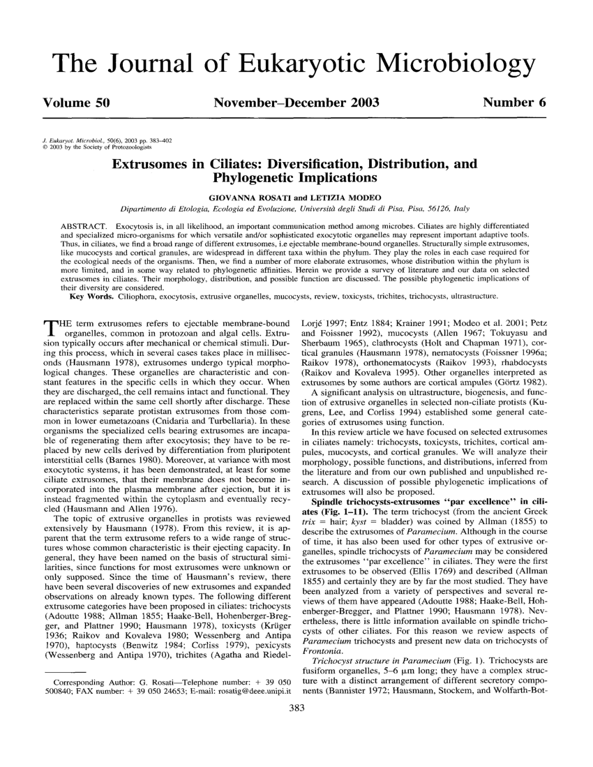 Pdf Extrusomes In Ciliates Diversification Distribution And