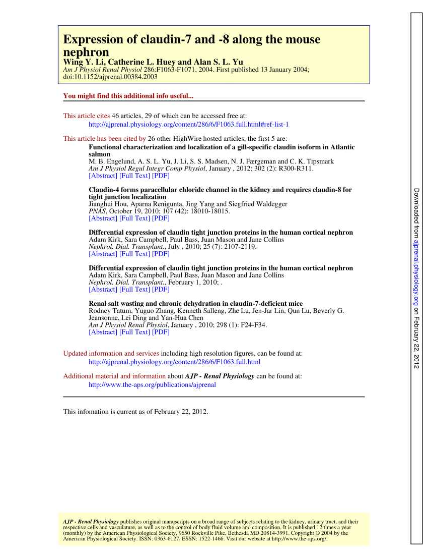 Pdf Expression Of Claudin 7 And 8 Along The Mouse Nephron