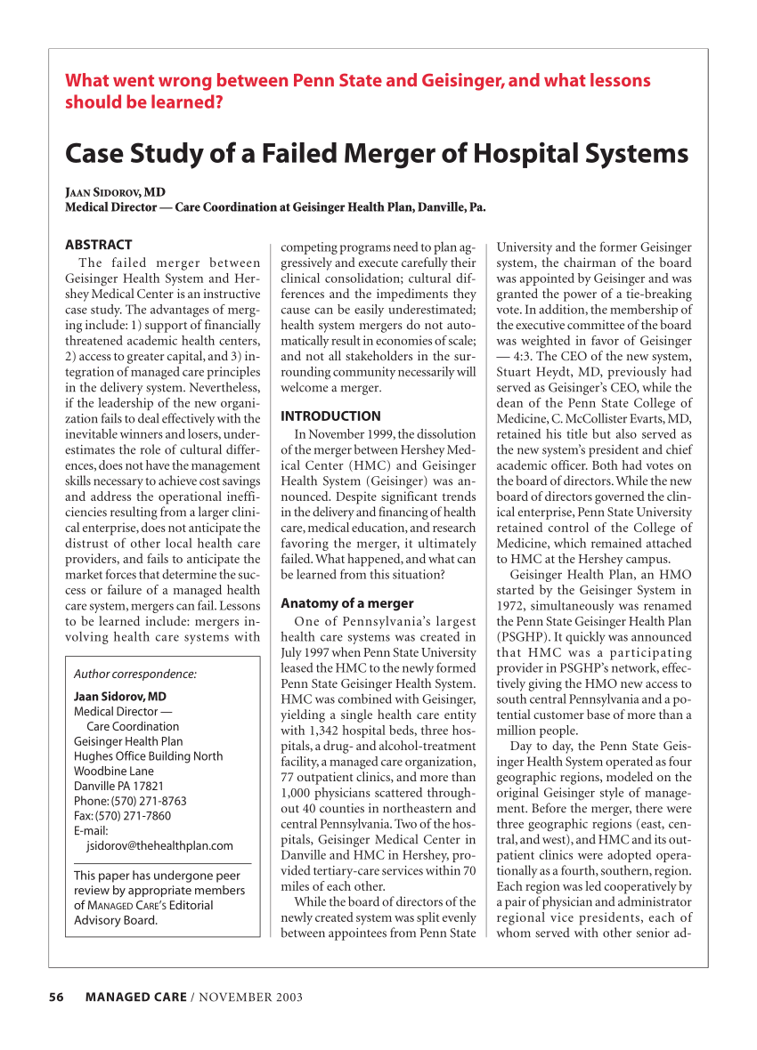 case study of a failed merger of hospital systems