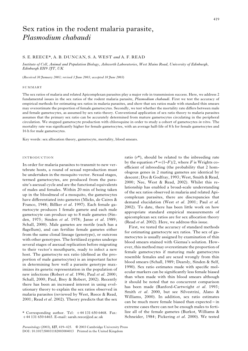 Pdf Sex Ratios In The Rodent Malaria Parasite Plasmodium Chabaudi 9063