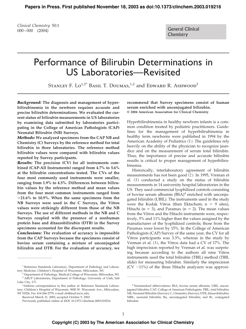 (PDF) Performance of Bilirubin Determinations in US Laboratories ...
