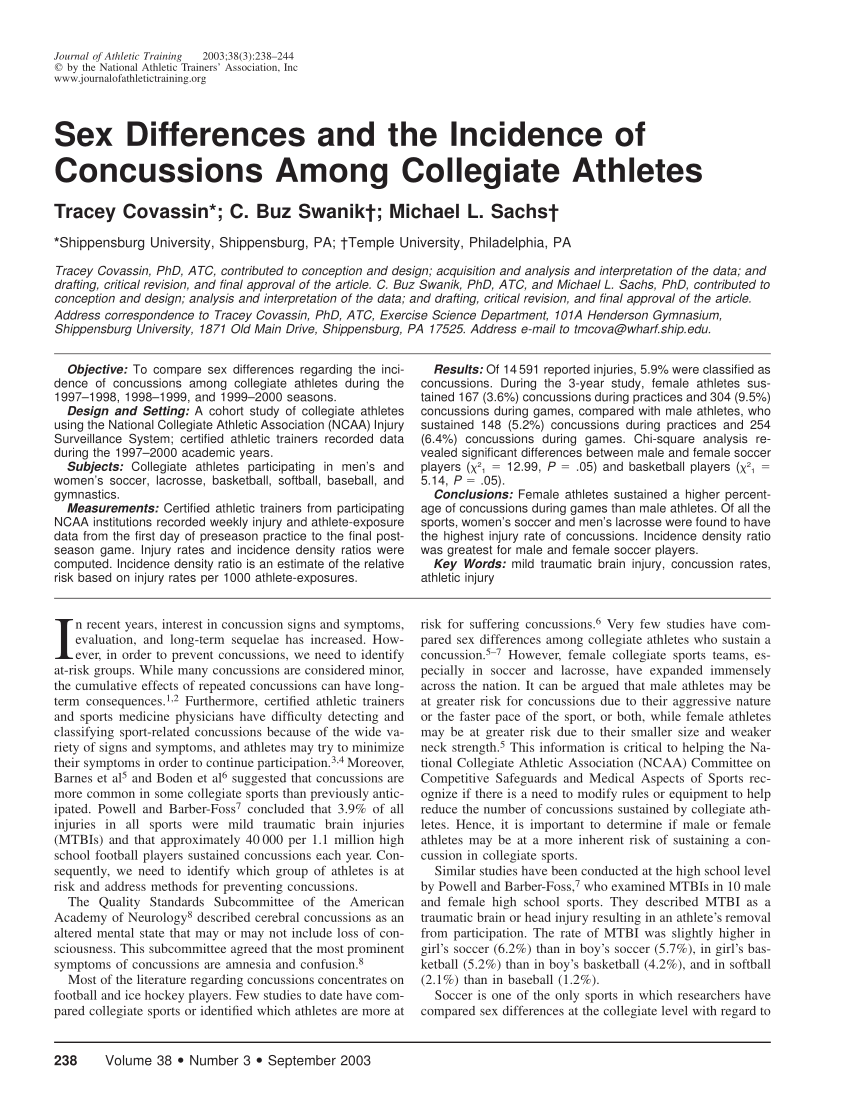 Pdf Sex Differences And The Incidence Of Concussions Among Collegiate Athletes