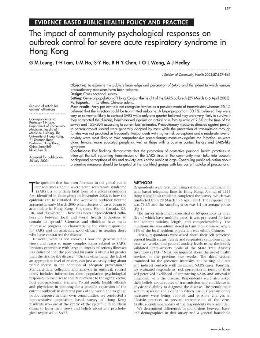 Pdf The Impact Of Community Psychological Responses On Outbreak Control For Severe Acute Respiratory Syndrome In Hong Kong