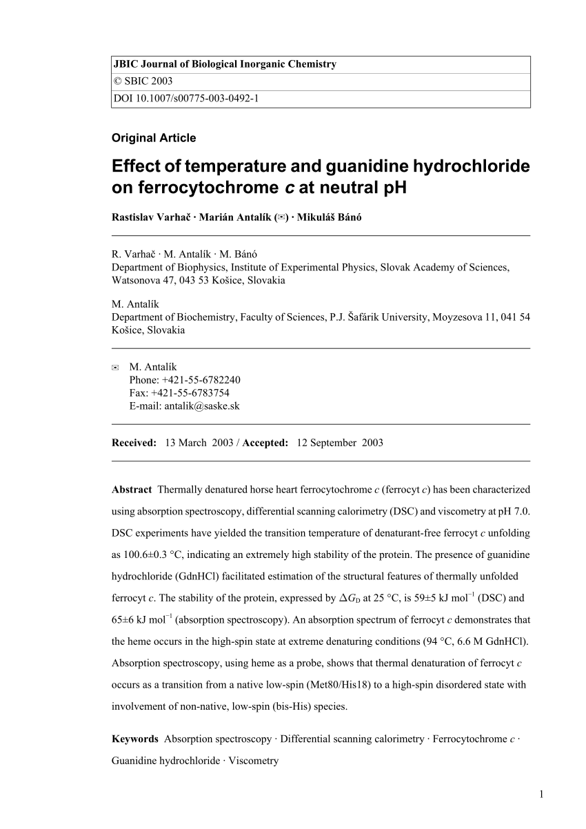 Pdf Effect Of Temperature And Guanidine Hydrochloride On Ferrocytochrome C At Neutral Ph