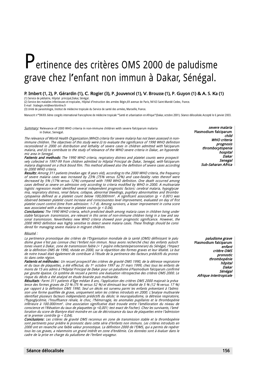 Pdf Pertinence Of The 2000 Who Criteria In Non Immune Children With Severe Malaria In Dakar Senegal