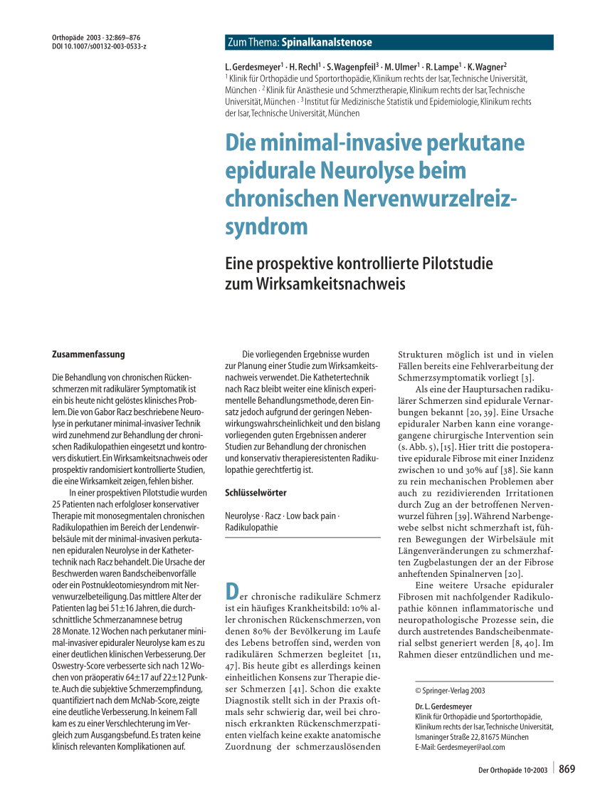 PDF) Die minimal-invasive perkutane epidurale Neurolyse beim