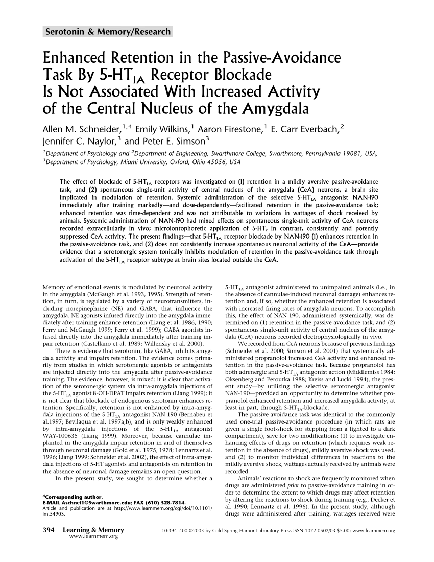 Pdf Enhanced Retention In The Passive Avoidance Task By 5 Ht1a Receptor Blockade Is Not 6199