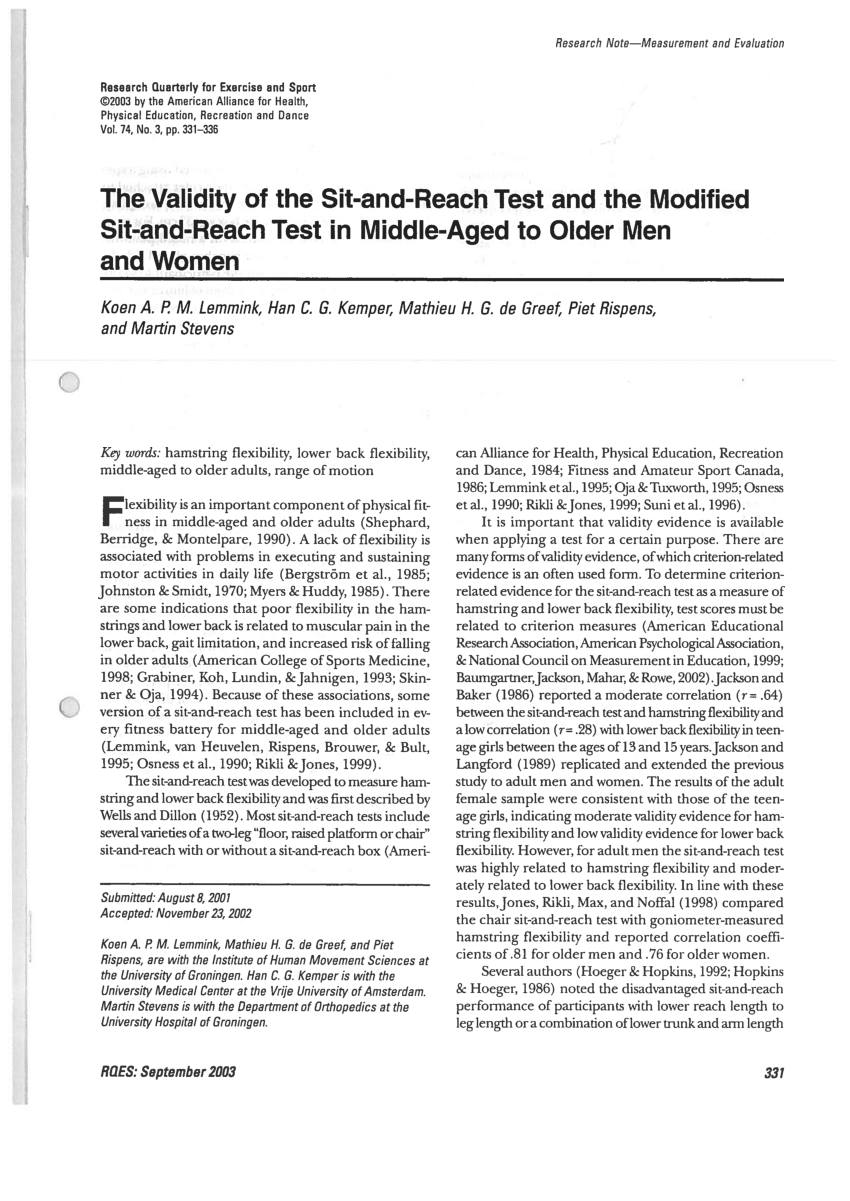 PDF) The Validity of the Sit-and-Reach Test and the Modified Sit-and-Reach  Test in Middle-Aged to Older Men and Women